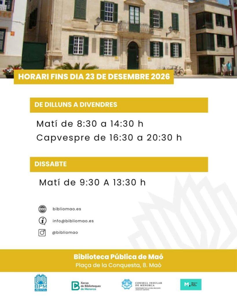 La Biblioteca Pública de Maó amplía su horario de apertura para mejorar el servicio a la ciudadanía