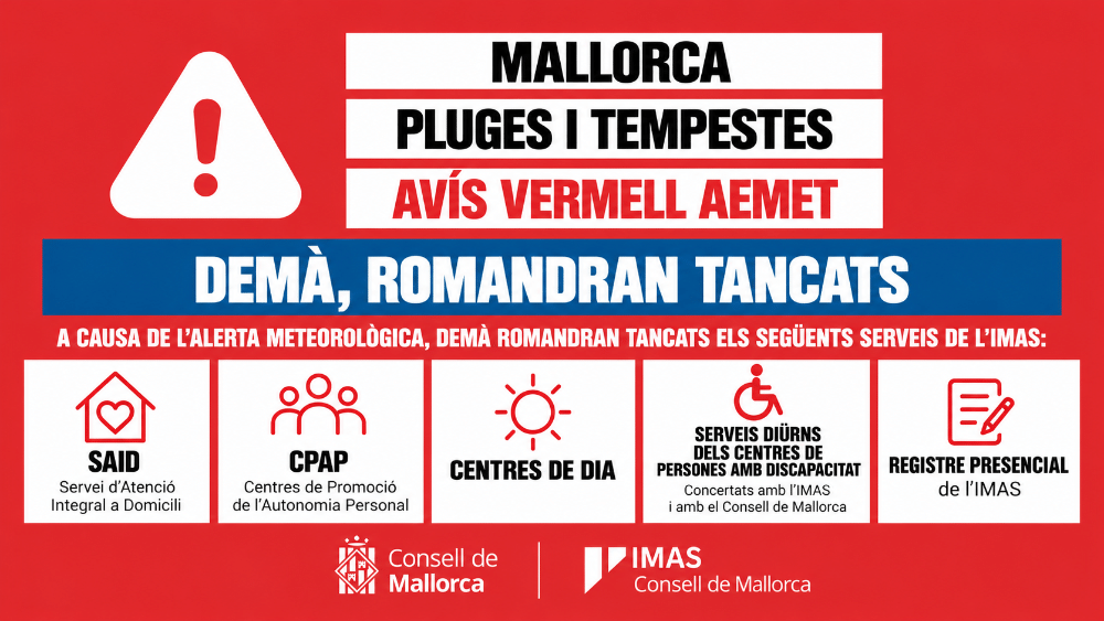 El Consell de Mallorca suspende actividades en CPAP, centros de día y SAID por alerta meteorológica